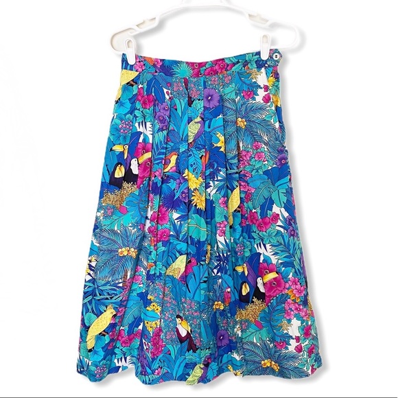 VINTAGE Jos A Bank tropical bird pleat midi skirt - Picture 1 of 13